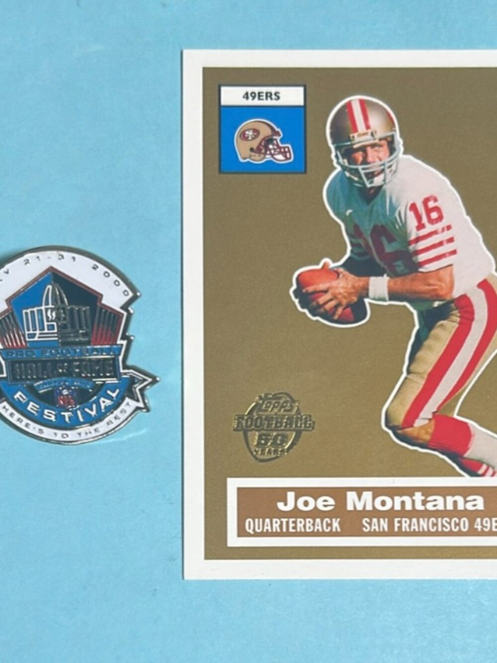 2000 NFL Hall of Fame Pin & San Francisco 49ers 1995 Joe Montana Card